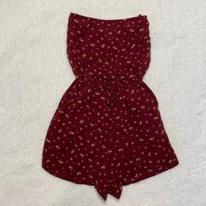 Hollister Strapless Tube Romper Womens Floral Maroon Drawstring Waist Lined